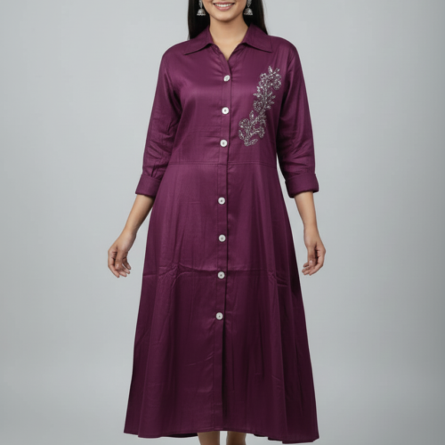Elegant Shimmer Finish Button-Down A-Line Kurti for Women