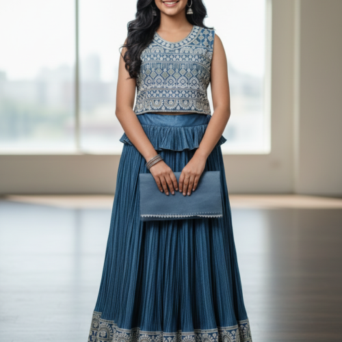 Women’s Blue Printed Crop Top with Long Skirt Set | Ethnic Party Wear Outfit | Festive Wear for Women