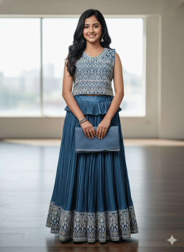 Women’s Blue Printed Crop Top with Long Skirt Set | Ethnic Party Wear Outfit | Festive Wear for Women