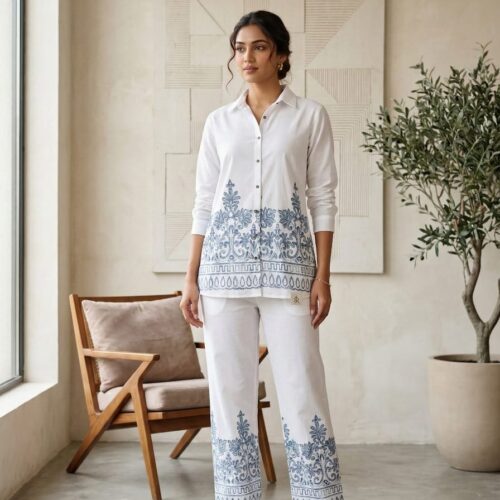Elegant White Co-Ord Set with Blue Embroidery – Minimal Chic