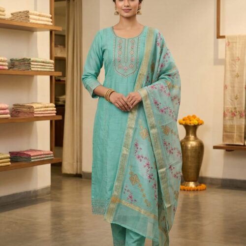 Elegant Sea Green Embroidered Kurta Set with Dupatta