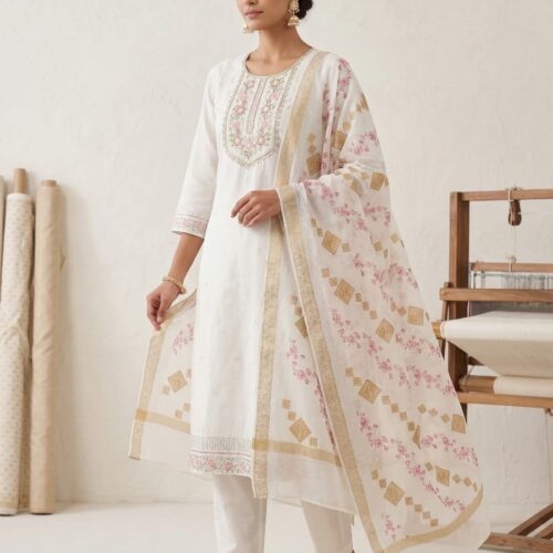 Elegant White Embroidered Kurta Set with Dupatta – Classic Festive Wear