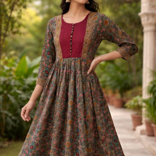 Trendy Floral Printed Midi Dress – Ethnic Fusion Style
