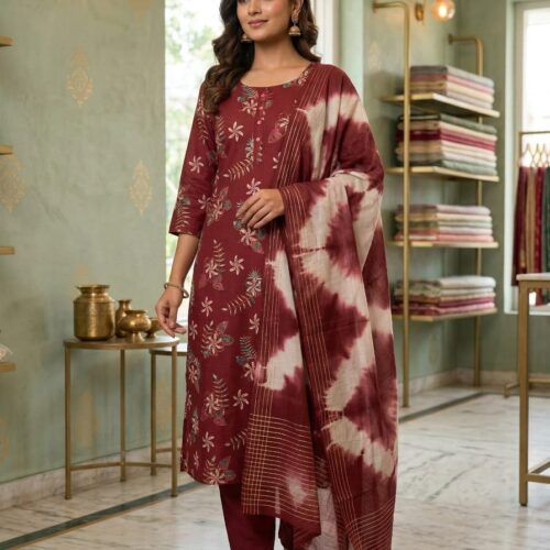Elegant Printed Kurta Set with Tie-Dye Dupatta – Maroon Classic