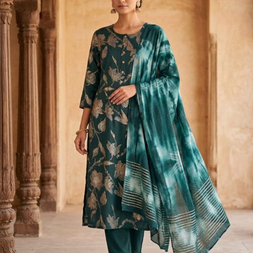Elegant Printed Kurta Set with Dupatta – Green Ethnic Charm