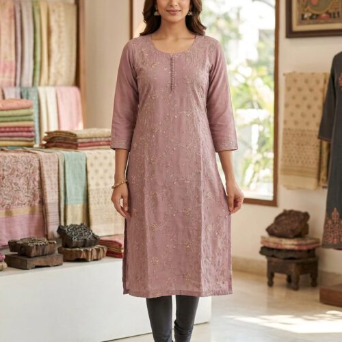 Elegant All-Over Embroidered Kurti – Soft Pink Grace