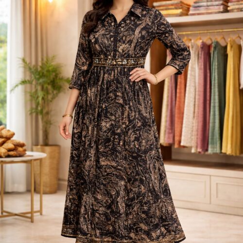 Elegant Printed Long Dress with Collar Neck & Waist Detail – Black & Gold
