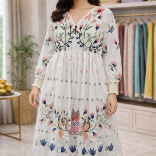 Elegant Multicolor Floral Embroidered Kurti – Soft White Grace