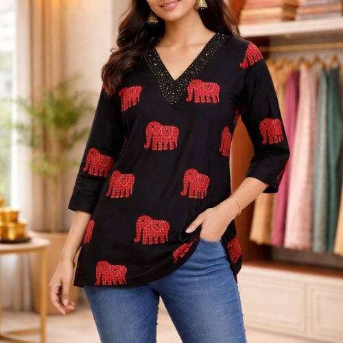 Trendy Elephant Print Casual Top – Black Chic Style