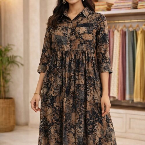 Elegant Printed Long Kurti Dress with Collar Neck – Brown & Black