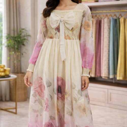 Soft Floral Print  Dress with Bow Detail – Pastel Elegance