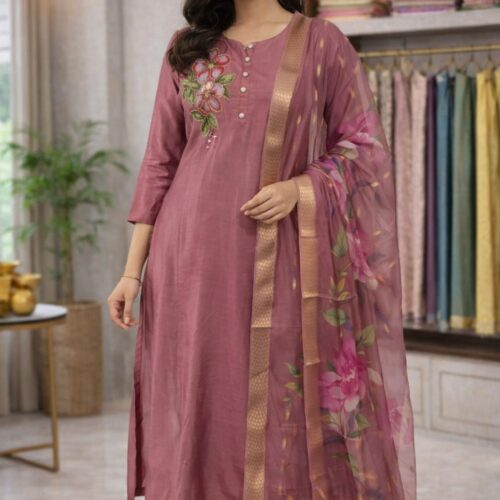 Elegant Floral Embroidered Kurta Set with Organza Dupatta – Dusty Rose