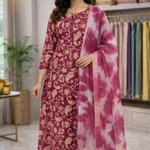 Stylish Printed Kurta Set with Tie-Dye Dupatta – Maroon Elegance