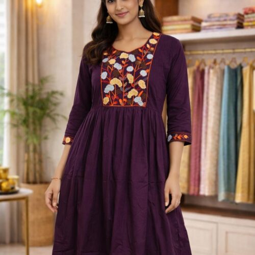 Elegant Floral Embroidered Anarkali Kurti – Royal Purple