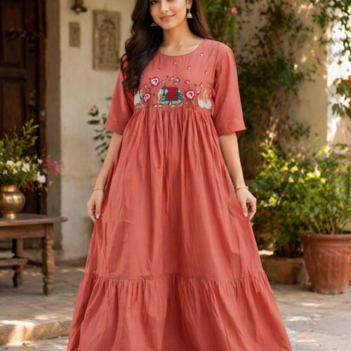 Rust Orange Embroidered Tiered Maxi Dress