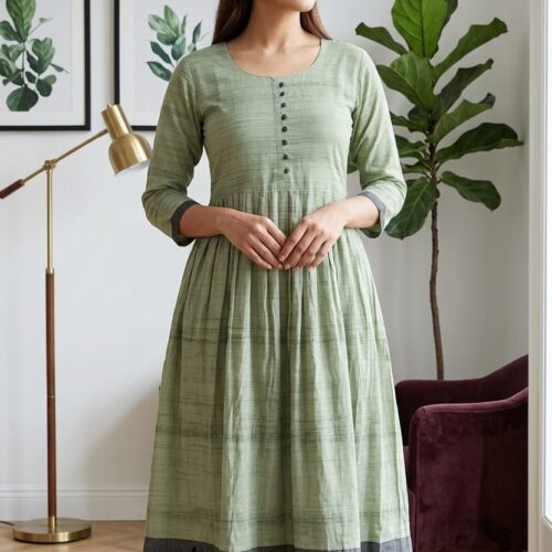 Elegant Sage Green A-Line Kurta Dress with Floral Border