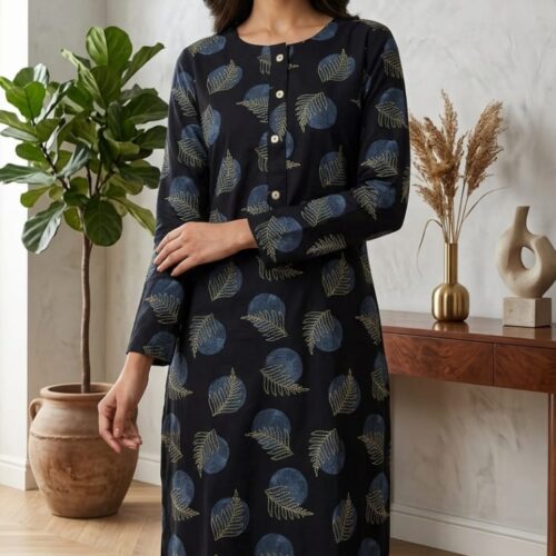 Elegant Navy Blue Leaf Printed Straight Kurta