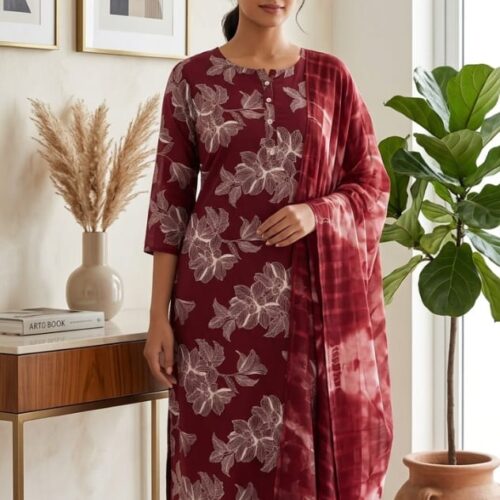 Graceful Maroon Floral Kurta Set with Shaded Dupatta