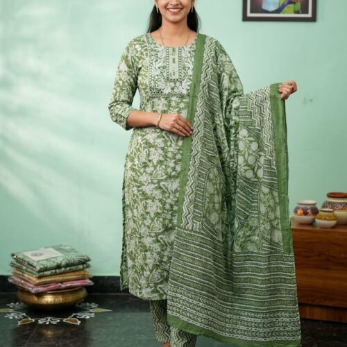 Elegant Green Handblock Printed Kurta Set with Dupatta