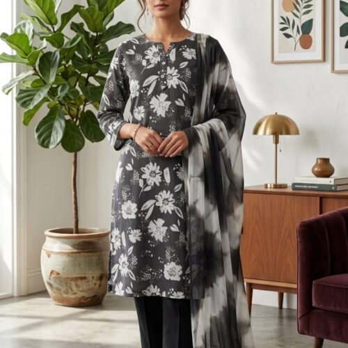 Elegant Grey Floral Printed Kurta Set with Dupatta