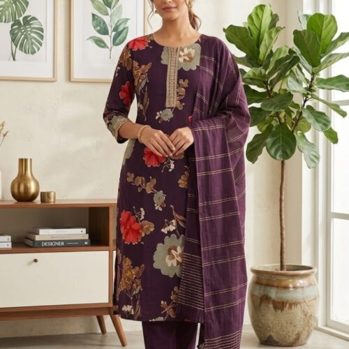 Elegant Plum Floral Kurta Set with Striped Dupatta