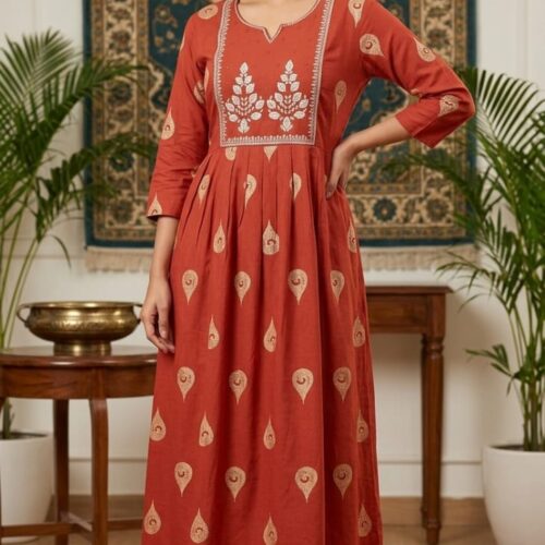 Rust Orange Embroidered Anarkali Dress