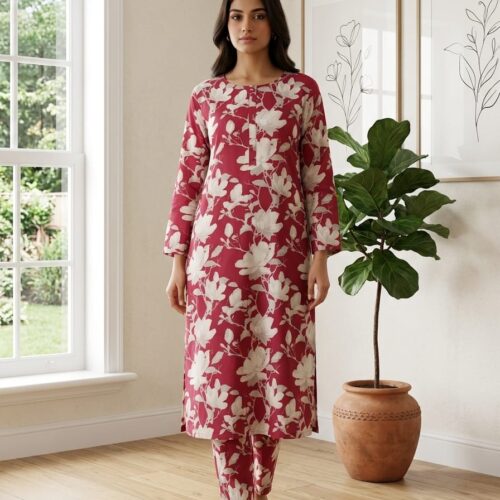 Rose Red Floral Printed Kurta Set