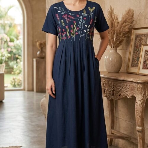 Elegant Navy Blue Embroidered Midi Dress