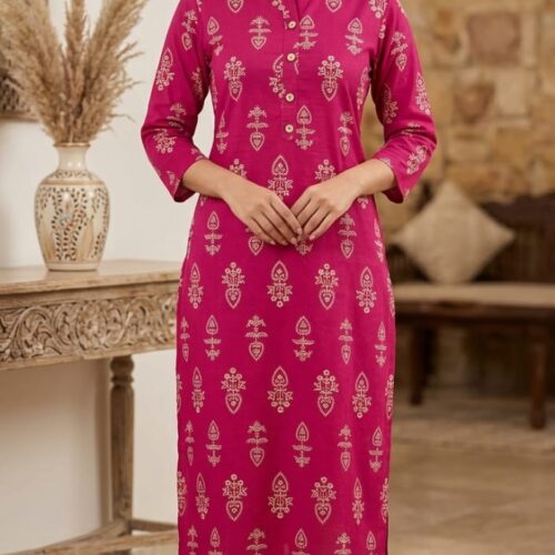 Rani Pink Ethnic Printed Straight Kurta