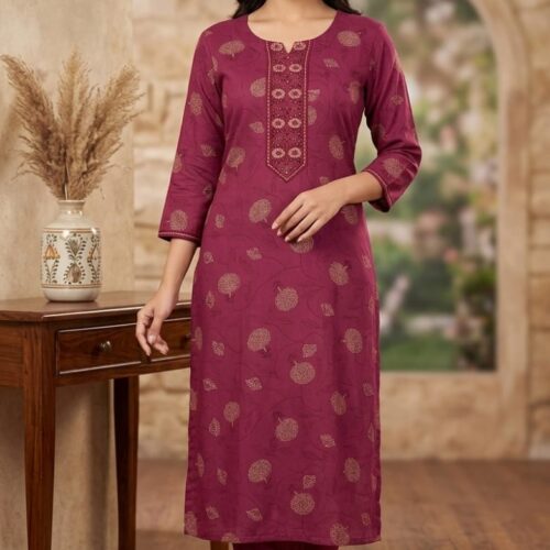 Maroon Ethnic Printed Kurta Set with Embroidered Yoke