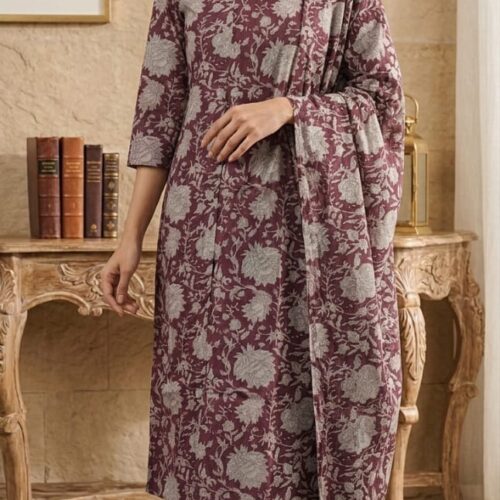 Wine Floral Printed Kurta Set with Dupatta