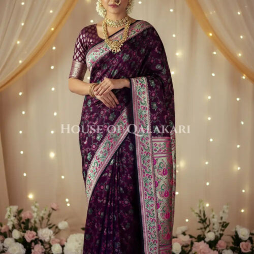 banarasi pure satin silk shikargah saree in wine with pink & green floral border